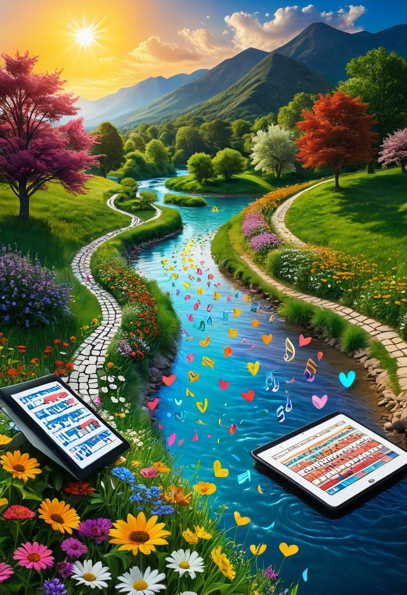 A vibrant, flowing river of colorful musical notes and cheerful icons like smileys, hearts, and sunshine, representing joyful content cascading through a picturesque landscape filled with blooming flowers and lush greenery. In the background, a warm sun radiates positivity, with people of diverse backgrounds enjoying the scenery, engaging with tablets and laptops, symbolizing connection and happiness. super-realistic. vibrant colors. bright background.