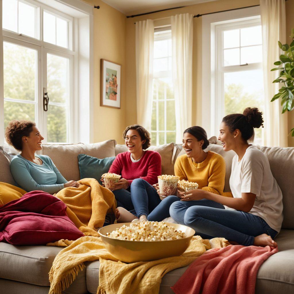 A cheerful living room filled with vibrant colors, featuring a large screen displaying joyful WCAV Broadcasting content. Lively family members are laughing and enjoying the show together, with light streaming in through bright windows. Add elements like popcorn bowls and cozy blankets to emphasize comfort and warmth. super-realistic. vibrant colors. cheerful atmosphere.